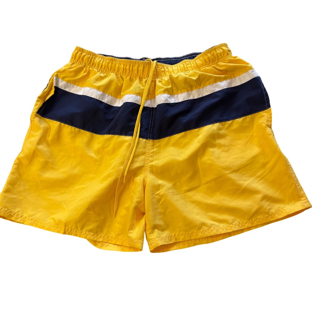 Talos Mens‎ Swim Trunks Yellow Navy White Striped Large Elastic Waist Shorts